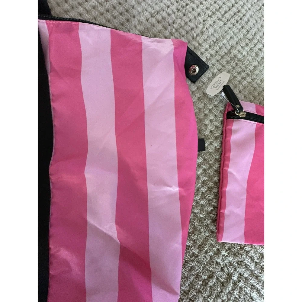 Victoria's Secret Black Pink Stripe Weekender, Make Up Bag And Umbrella Set Bags